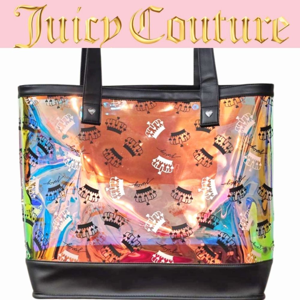 Juicy Couture Iridescent Transparent Logo Crown Beach Tote Bag w/Bathing Suit Ba